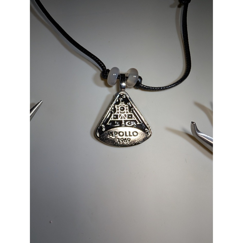 Apollo 1969 Moon Landing Repurposed Enamel Pin Necklace Adjustable Black Cord